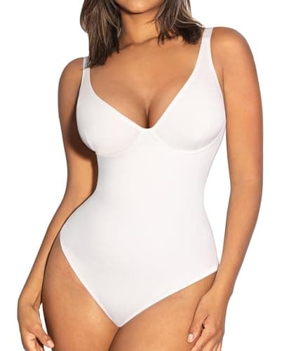 FeelinGirl White Body Suits Women Tummy Control Thong Shapewear Bodysuit for Women