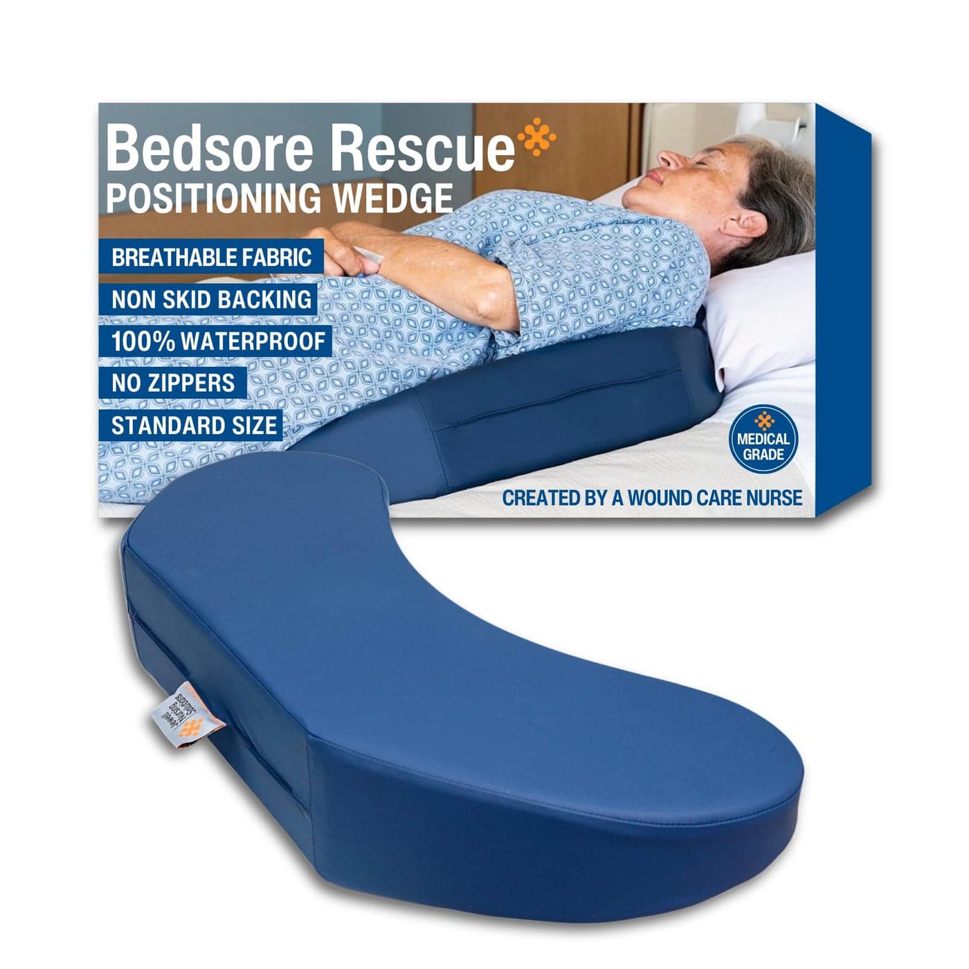 Bedsore Rescue Positioning Pillow Wedge - Tailbone, Sacrum, Buttocks - Standard Size100-160lbs - Hypoallergenic + Moisture Proof - Non-Slip Turning Wedge - Medical Grade Hospital to Home - Made in USA