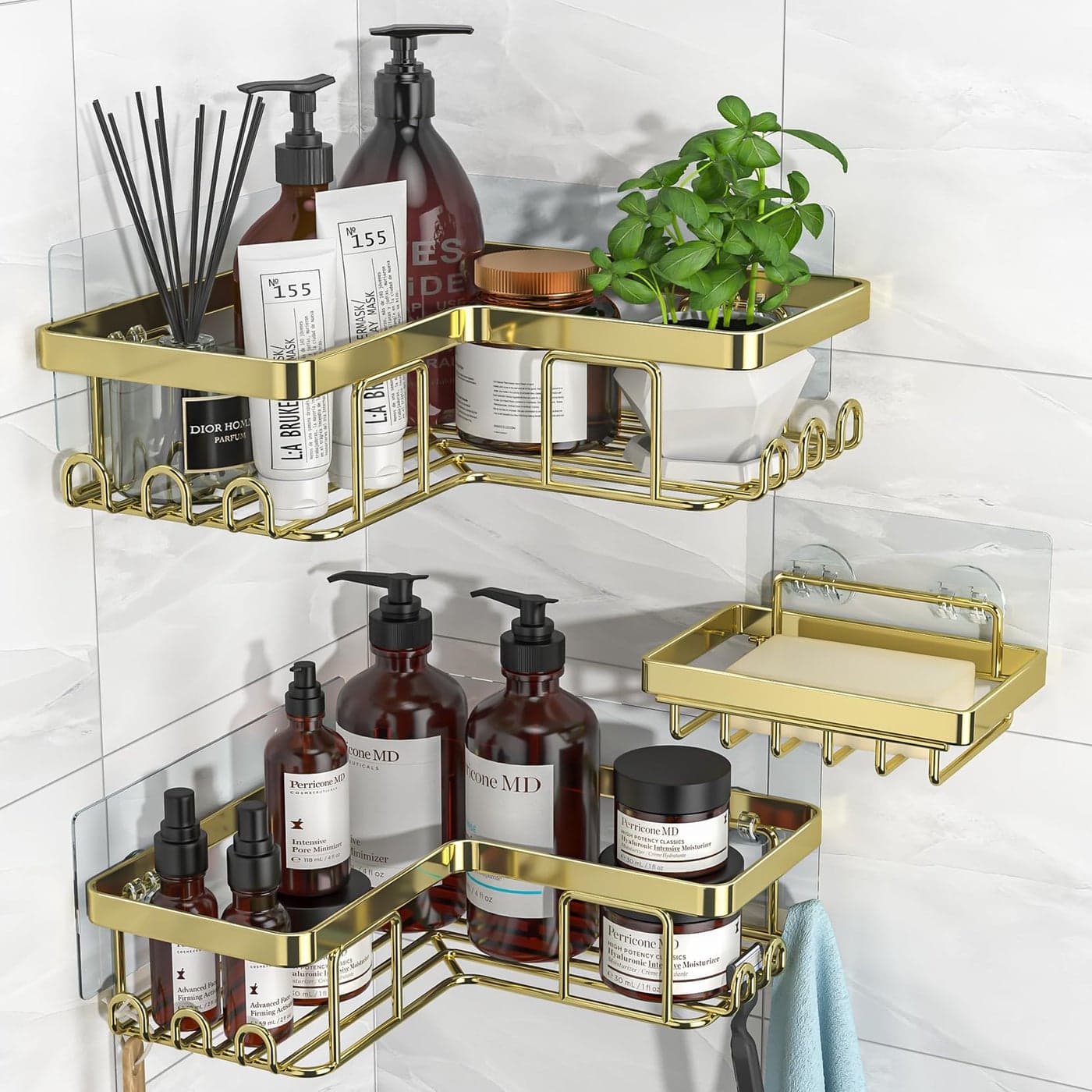 YASONIC Corner Shower Caddy 3Pack Adhesive Bathroom Caddy with Soap Holder and 12 Hooks Rustproof Stainless Steel Shower Organizer No Drilling Wall Mounted Shower Rack for Bathroom Gold