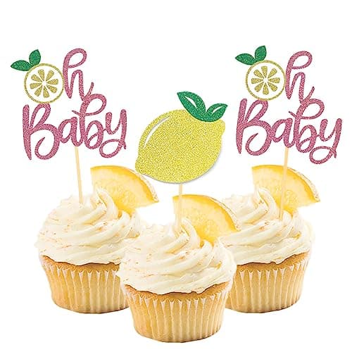 24Pcs Lemon Oh Baby Cupcake Toppers for Baby Shower Birthday Party Decorations Lemon Baby Birthday Party Supplies Pink