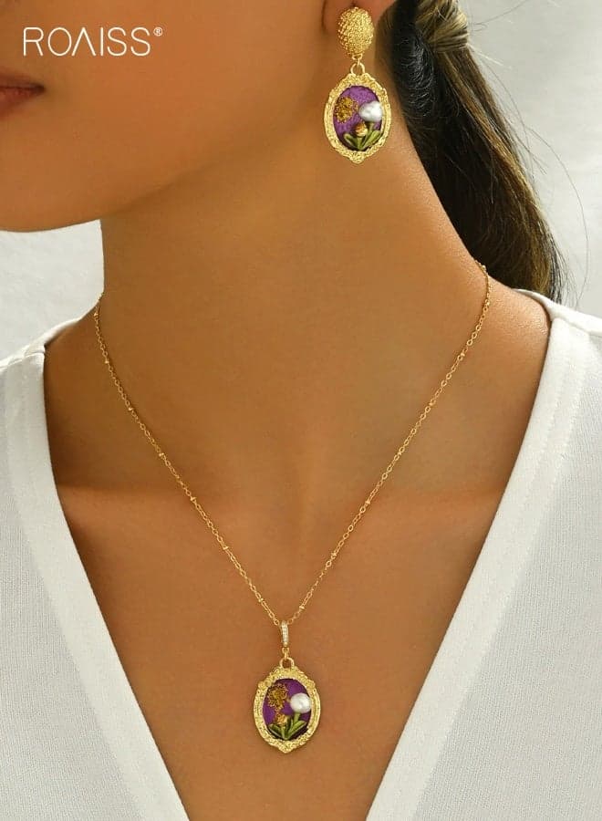 2Pcs Necklace Earrings Set, Gold Rose Baroque Pearl Pendant Necklace and Earrings, Oil Painting Rose Conventional Pearl Pendant Necklace Earrings, Fashion Irregular Rectangular Pearl Jewelry Set for Parties or Gifting