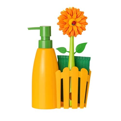 Vigar Flower Power Kitchen Soap Dispenser Set, Dish Soap Dispenser with Sponge Caddy and Dish Brush, Perfect Kitchen Sink Caddy, Orange, Green