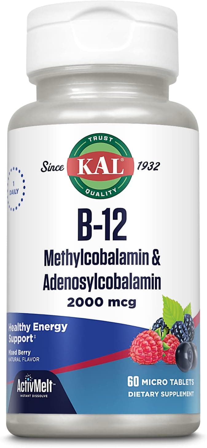 KAL Vitamin B12 Methylcobalamin and Adenosylcobalamin 2000 mcg ActivMelt B12 Energy Supplements Metabolism Nerve Red Blood Cell Support High Absorption Natural Berry 60 Serv 60 Micro Tablets