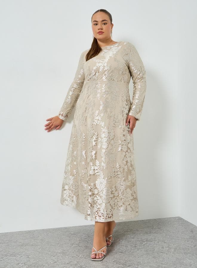Plus Size Lace Long Sleeves A-Line Maxi Dress