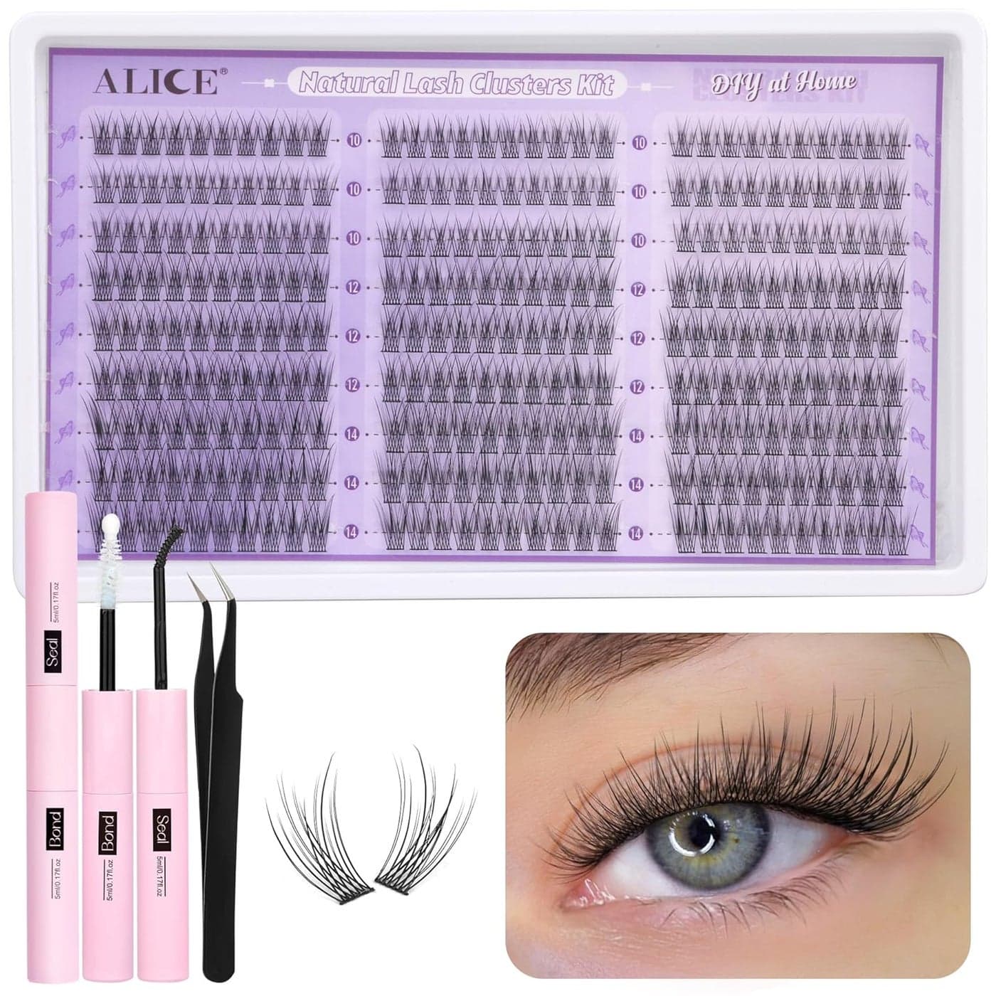 ALICE Natural Lash Clusters Kit Wispy Lash Extension Kit Thin Band Cluster Eyelash Extension Kit 270pcs C Curl 10-14mm Individual Lashes with Lash Glue Bond and Seal Self Application at Home