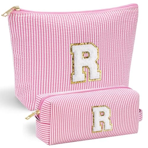 YOOLIFE Initial Makeup Bag for Girls, Travel Cosmetic Bag with Small Makeup Brush Bag Cute Makeup Bag Toiletry Travel Bag Personalized Wife Friend Gifts Makeup Birthday Gifts for Women Her Pink R