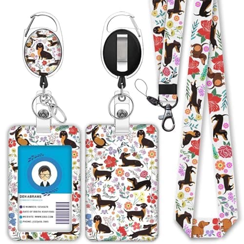Cute Dachshund Badge Reels Retractable with Carabiner Reel Clip, ID Badge Holder Case with Detachable Lanyard Keychain, Nurse Doctor Office School Teacher Name Credit Card Pocket