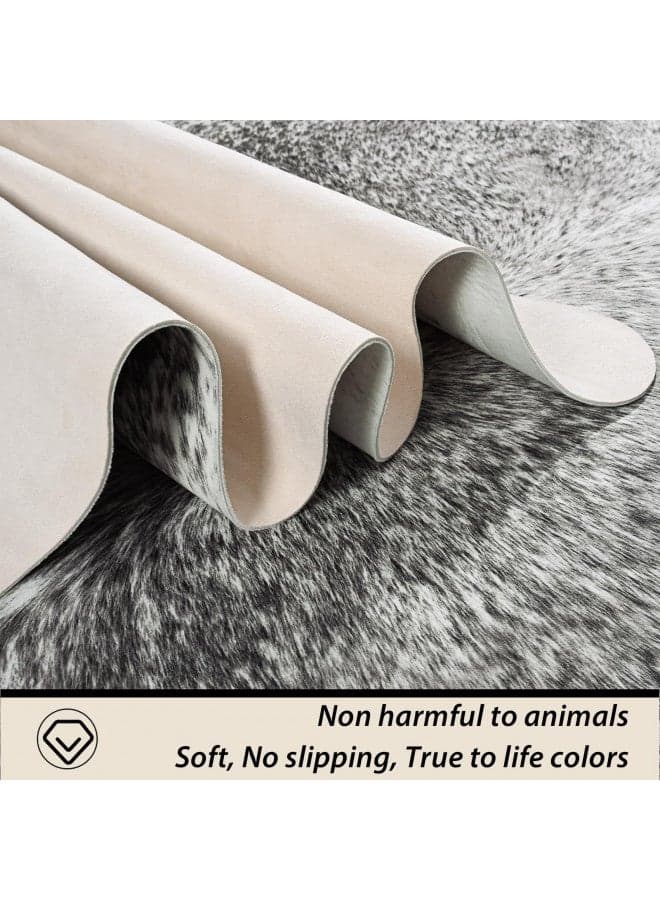 Rtizon Faux Cowhide Rug for Living Room, 4.6 x 5.2 Feet Grey, Cow Print Skins Rug for Bedroom, Premium Faux Fur Animal Cow Hide Rugs Carpet for Western Decor