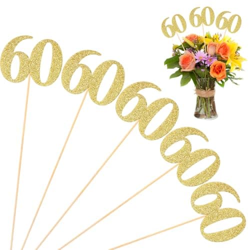 10 Pack Double Sided Glitter 60th Birthday Centerpiece Happy 60th Birthday Centerpiece Sticks Number 60 Table Topper Cake Topper Supplies for Tables Party Gold