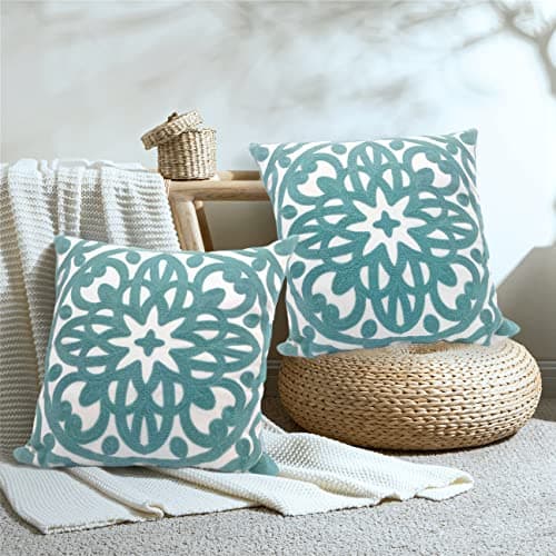 Alysheer Embroidered Decorative Throw Pillow Covers 18"x18" Set of 2 Pieces, Boho Mandala Classic Chic Pattern, Durable 100% Cotton Canvas Cushion Cases for Sofa Couch Living Room(Dusty Aqua Blue)