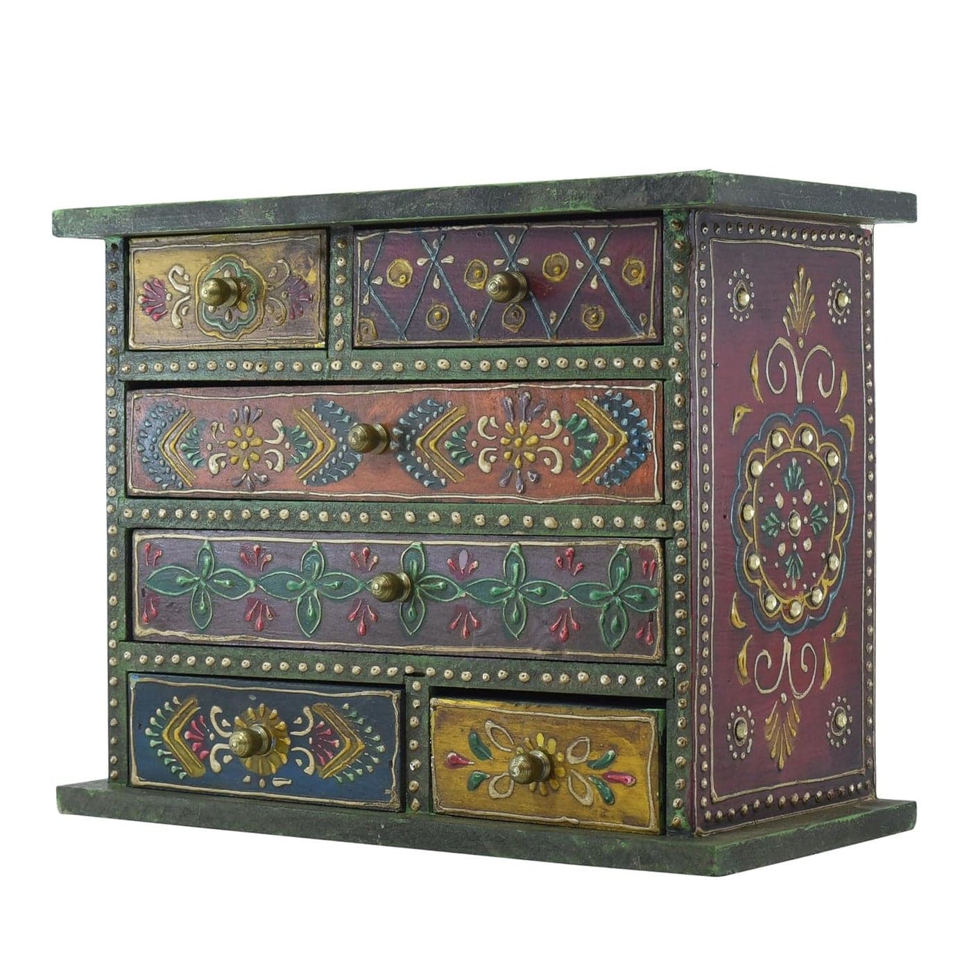 KRAFTSKALA Wood Exquisite HandPainted Rajasthani Art Storage Box Utility Chest of 6 Drawers for Stationery TV Remote Small Gadgets Living Room Table Decor Multicolor