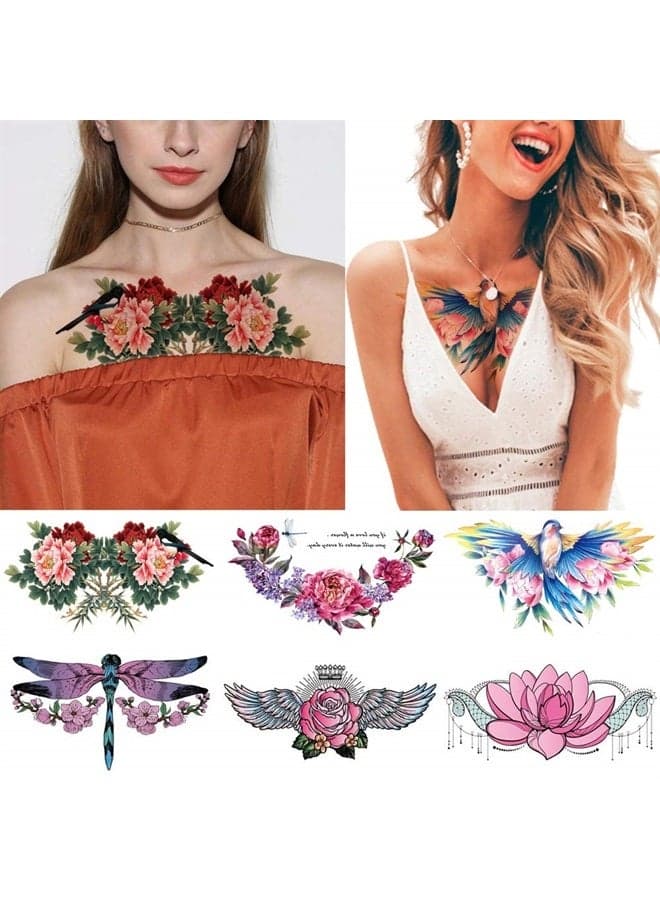 Glaryyears Watercolor Temporary Tattoos for Women Girls Adults, Sexy Fake Long Lasting Tattoo Stickers that look real, 6 Pack Large Bird Flower Dragonfly Tramp Stamp on Body Chest Underboob Waist