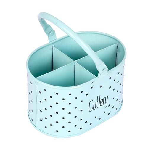 LOUetail Multipurpose Metal Cutlery Holder Organizer - Spoon, Fork, Knife, Chopstick, Stylish Dining Table & Kitchen Item Holder, Multifunctional Stand Organiser (Cool Blue with Polka Dots)