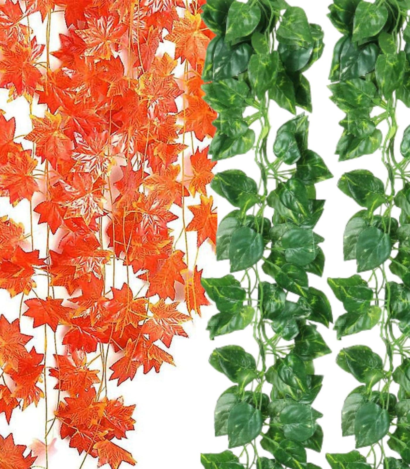 Dekorly Artificial Green Leaf Vine Money Plant Hanging, Artificial Ivy Leaves, Artificial Creeper Leaf Vine, Artificial Ivy Foliage, Ivy Wall Decor,Roof Decor | Each Plant 6 Feet (Orange & Green, 24)
