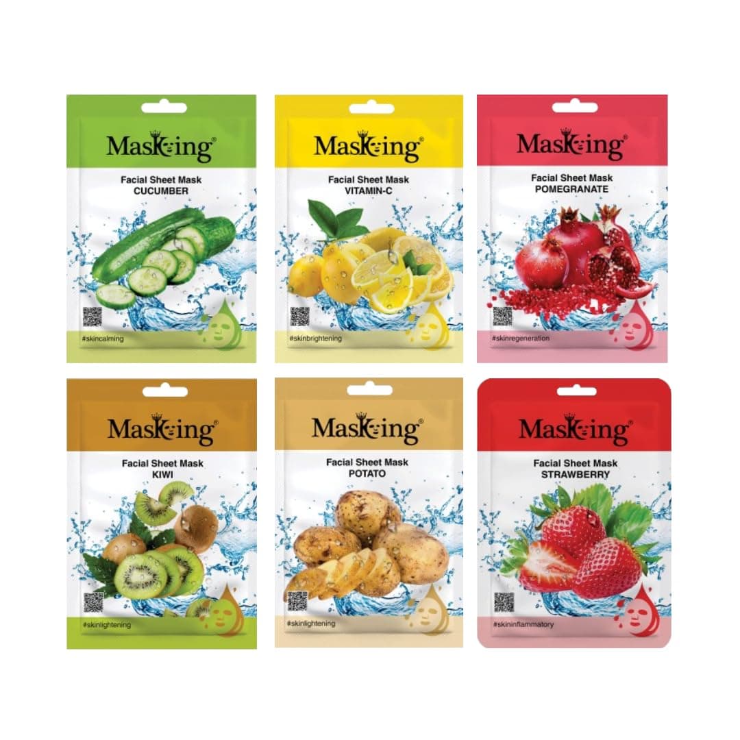 MasKing Beauty Cucumber VitaminC Pomegranate Kiwi Potato Strawberry extract Facial sheet mask for glowing and hydrating daily Skin care combo pack of 6