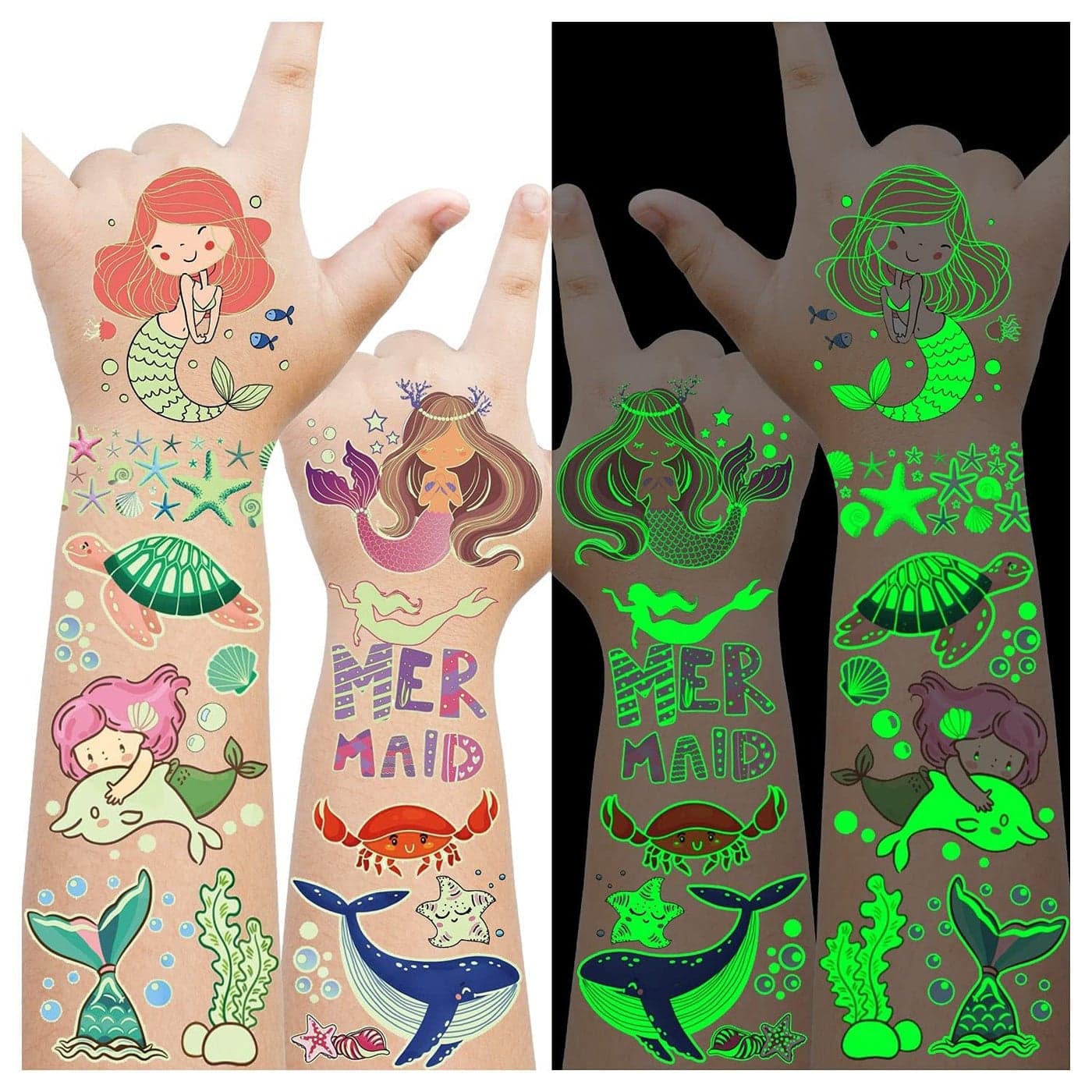 Cerlaza 300 Styles 23 Sheets Luminous Mermaid Party Decorations Temporary Tattoos for Kids Glow Mermaid Birthday Party Supplies Favors for Girls Mermaids Goodie Bags Fillers