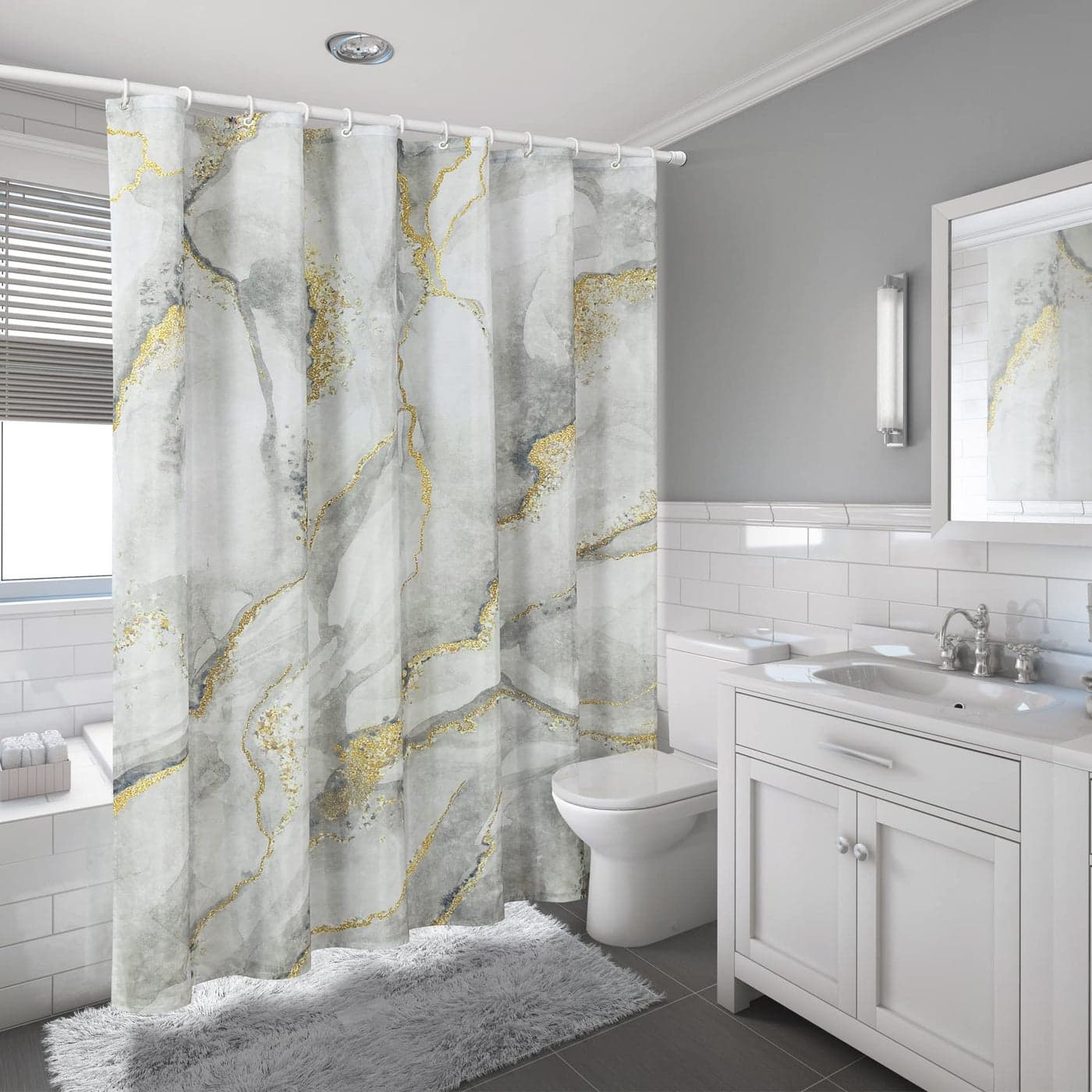 Marble Shower Curtain Grey Marble Shower Curtain Set with 12 Hooks Abstract Luxury Gray White Marble with Gold Veins Texture Shower Curtains for Bathroom Waterproof Fabric 72 W X 72 L