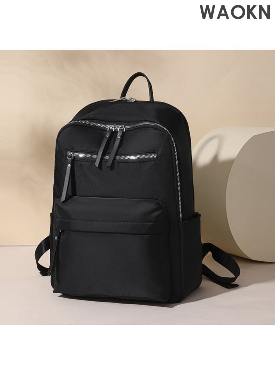 Simple Solid Color Backpack for Women Versatile Large Capacity Zipper Daypack Multi Layered Compartment Storage for Commute or Travel Can Fit 15 Inches Laptop with Design of Hungable on Trolley ,black .