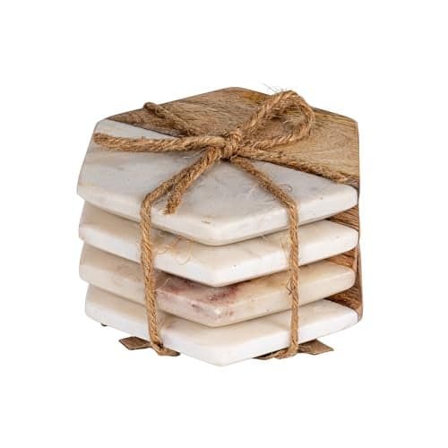 Creative Co-op Marble & Mango Wood Hexagon Coasters (Set of 4 Pieces)