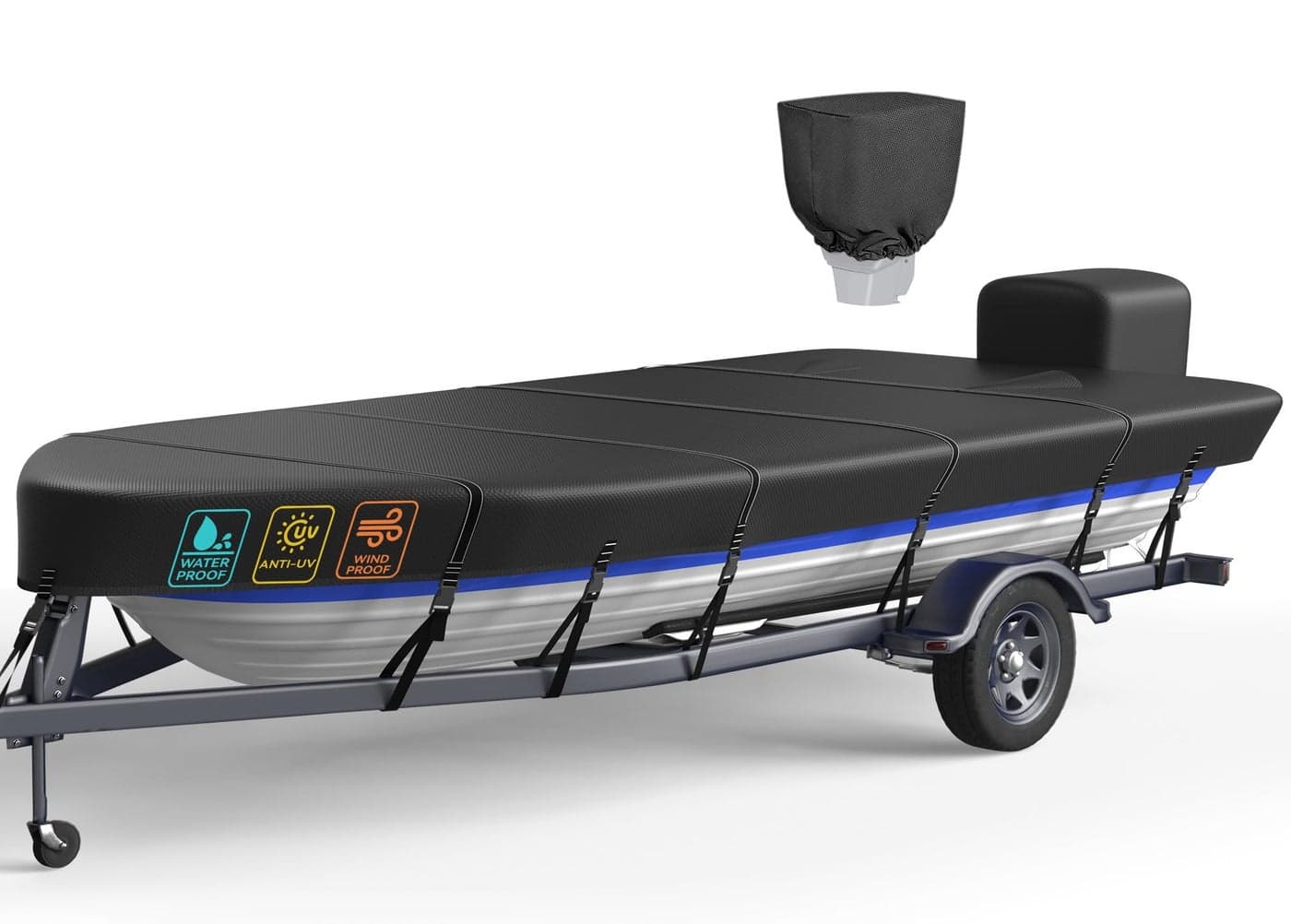 Heavy Duty 5 Layers 1200D Jon Boat Cover 14ft - 16ft with Motor Cover, 100% Waterproof Trailerable Jon Boat Covers 14-16 Foot with 9+4 Pcs Windproof Straps