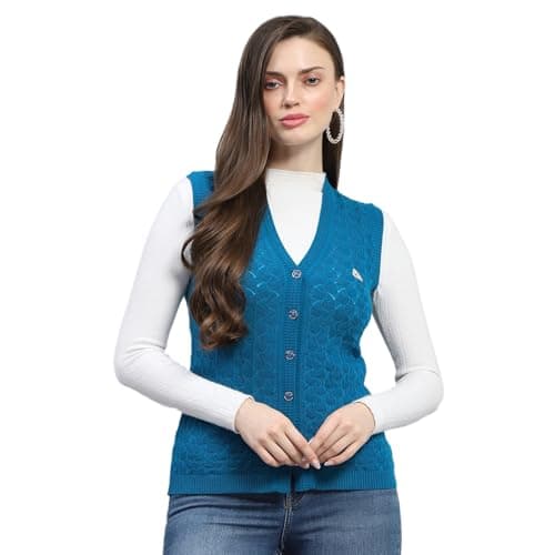 Monte Carlo Womens Self Design Sky Blue V Neck Sleeveless Cardigan (1235018FO-0-38)