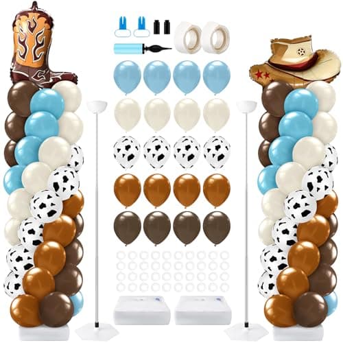 Kasyat 2 Set Western Cowboy Balloon Column Stand Kit Brown Slate Blue Dusty Blue Sand White Cow Print Balloons Garland Arch Kit for Farm Western Cowboy Baby Shower Birthday Party Decorations