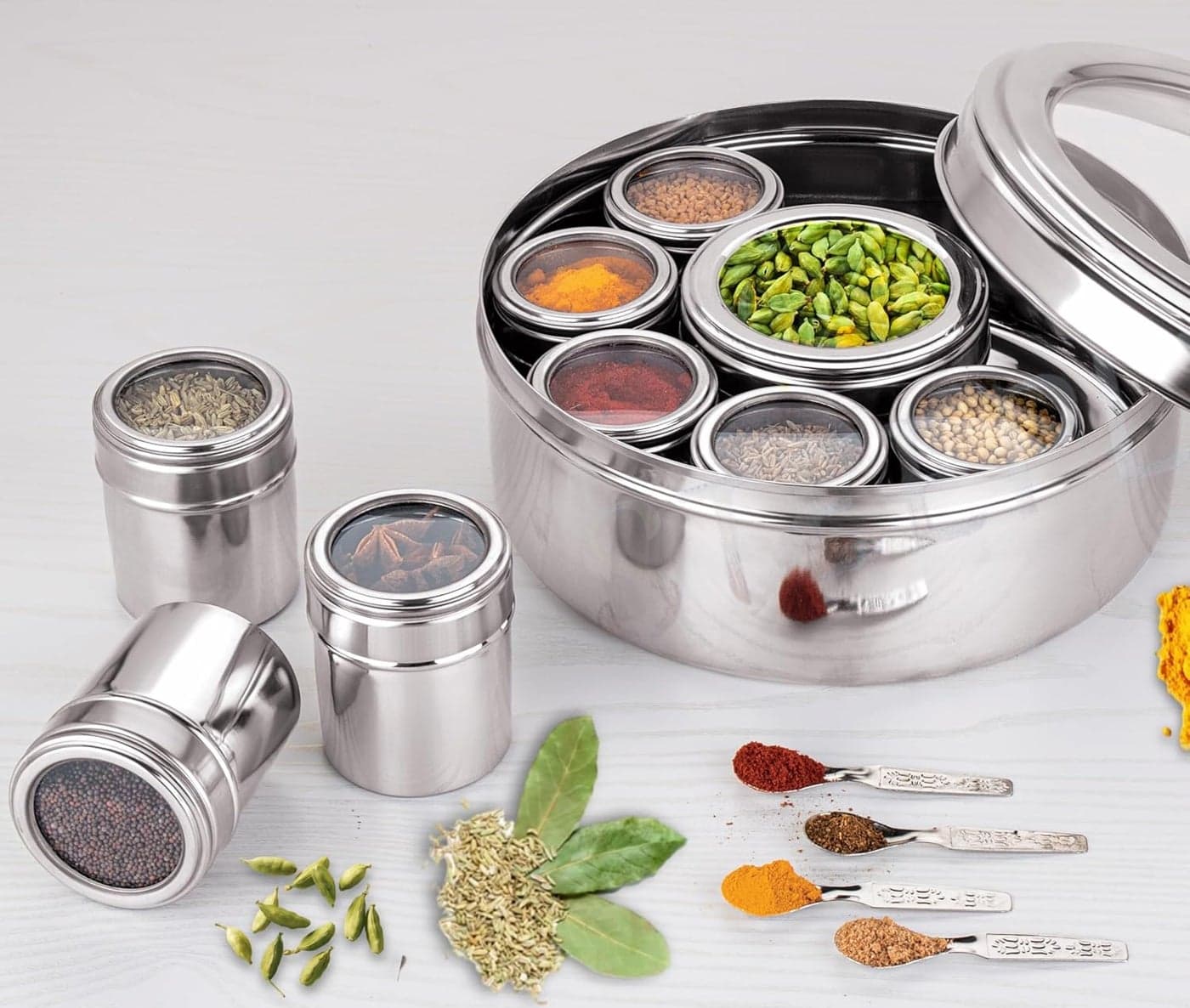 Aquasleri Stainless Steel Masala Box 9in1 Spice Organizer with Transparent Lid Airtight RustProof Spice Storage Containers for Kitchen
