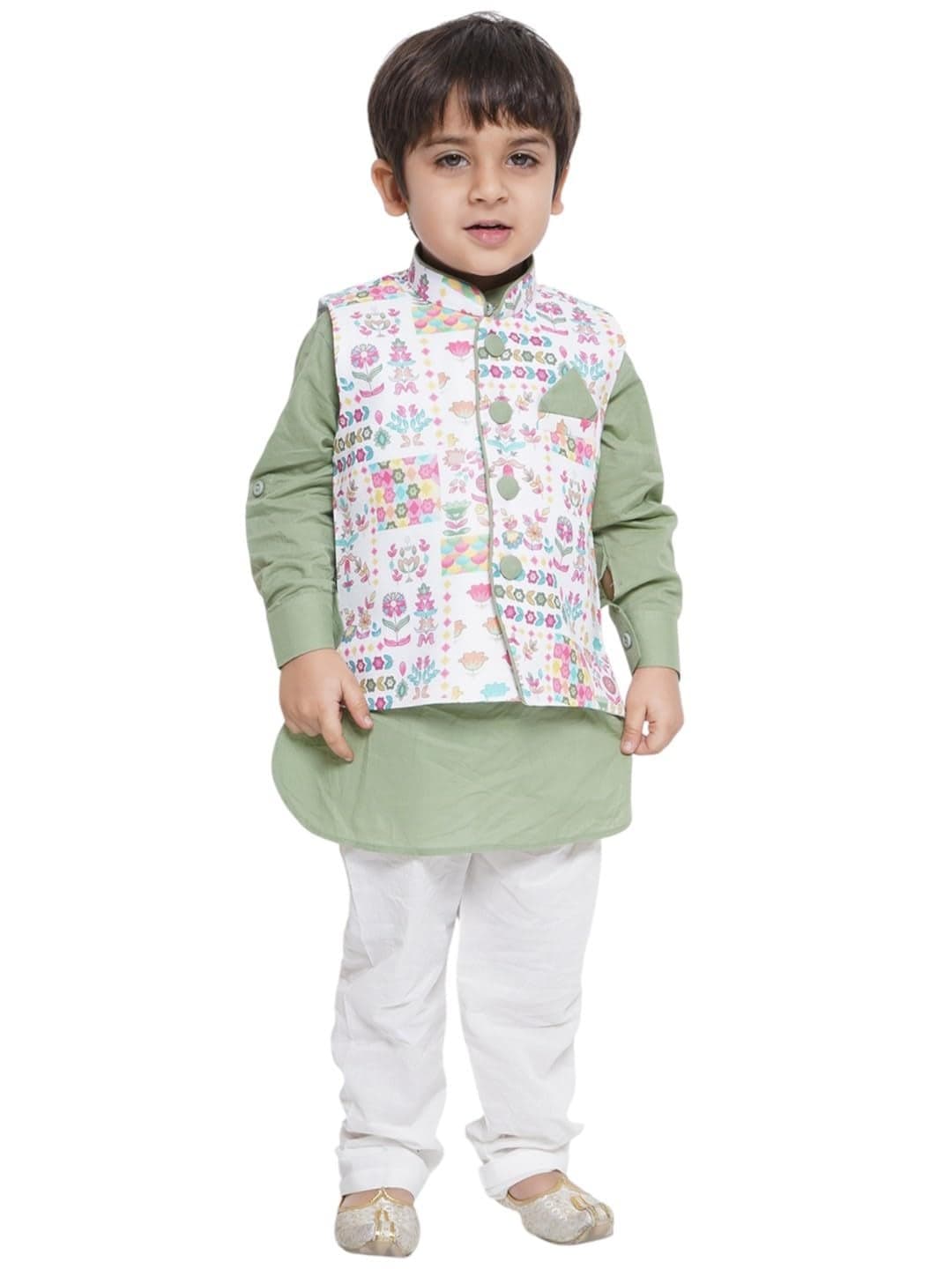 AJ DEZINES Kids Cotton Full Sleeve Printed Green Kurta Pajama & Waistcoat Set for Boys - Ethnic wear | Special Occasion & Party Outfit | Mandarin Collar Waistcoat for boys - Regular Fit
