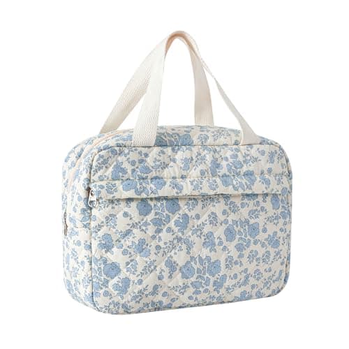 Large Size Quilted Coquette Makeup Bag, Cute Preppy Floral Cotton Travel Cosmetic Organizer Bag with Top Handle, Multi-Layer Travel Toiletry Pouch (01Lightblue Flower)