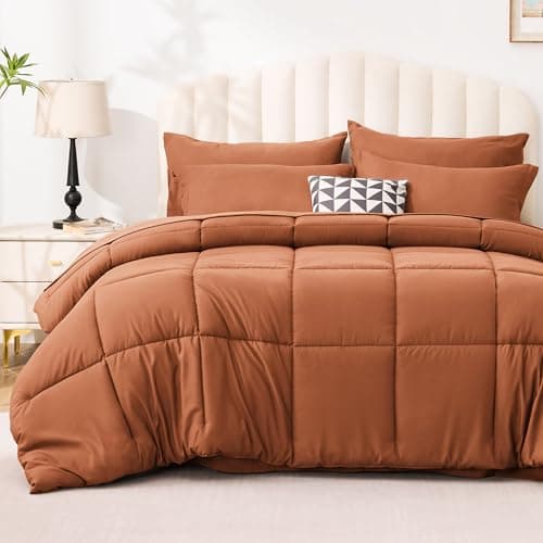Love's cabin King Size Comforter Set Burnt Orange, 7 Pieces King Bed in a Bag, All Season Bedding Sets with 1 Comforter, 1 Flat Sheet, 1 Fitted Sheet, 2 Pillowcase and 2 Pillow Sham