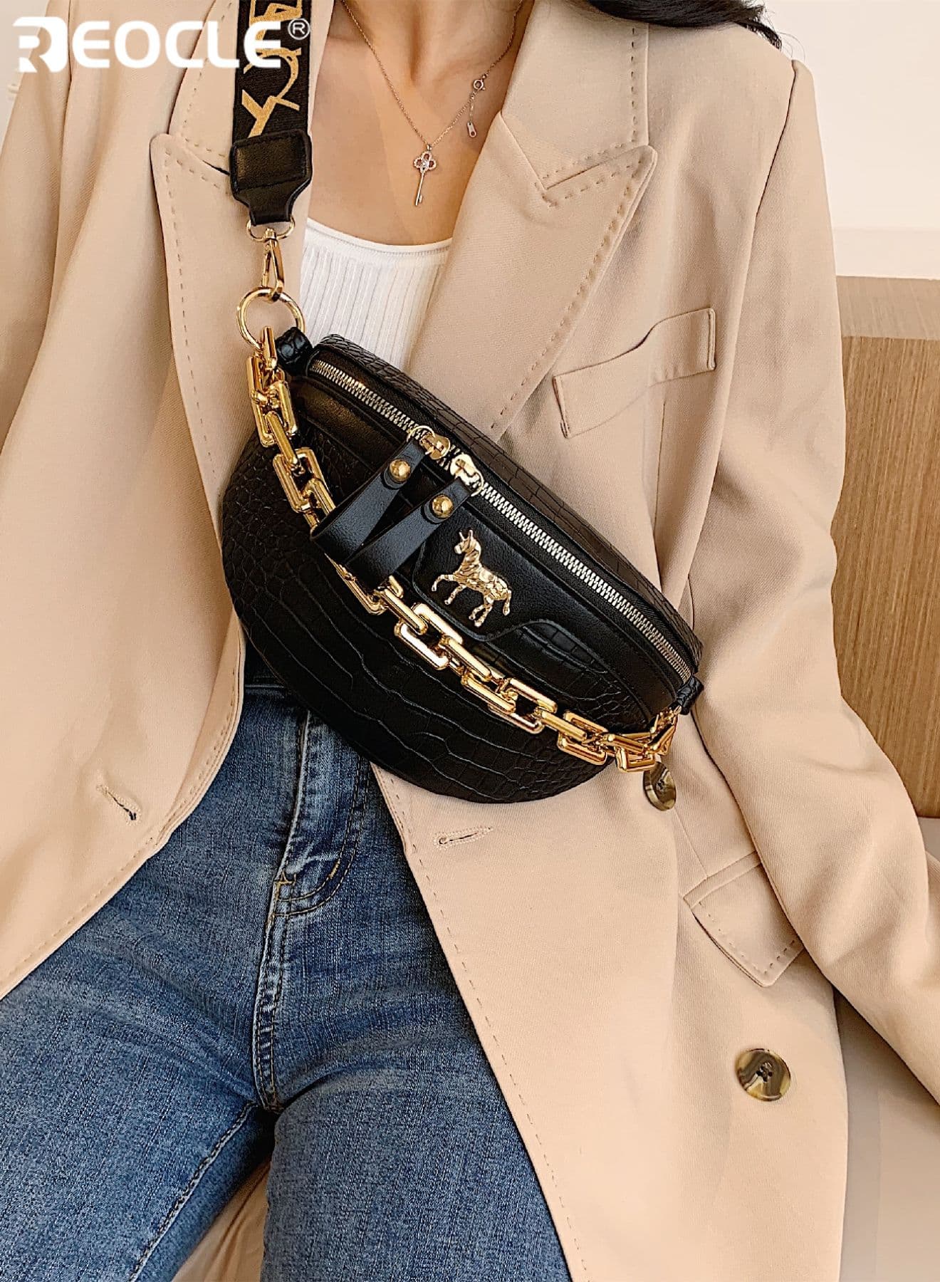 Women's Textured Waist Bag with Chain Accent & Embellishment Stylish Convertible Bag for Daily & Casual Use