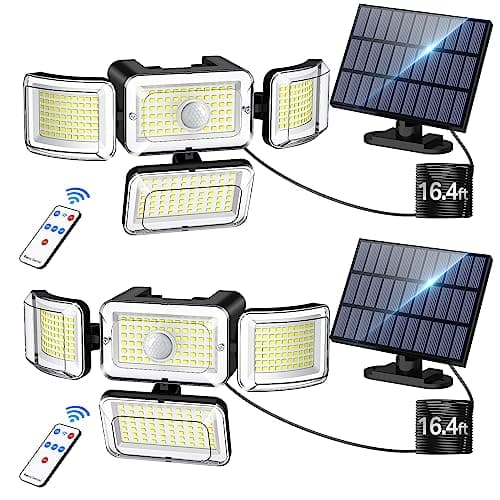 CLAONER Solar Outdoor Lights Motion Sensor 3500LM 288 LED Solar Security Lights with Remote Control IP67 Waterproof 4 Heads Solar Flood Lights with 16.4ft Cable 4 Modes Wall Lights(2 Pack)