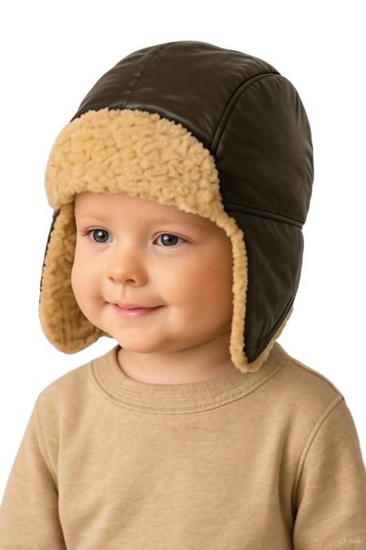 Krystle Fleece-Lined Toddler Winter Hat – Soft Leather Earflap Beanie for Boys, Perfect for Cold Weather (Brown,1-3 Years)