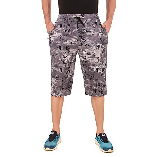 UZARUS Men's Cotton Three Fourth Capri Shorts with Two Zippered Pockets (XL, Grey)