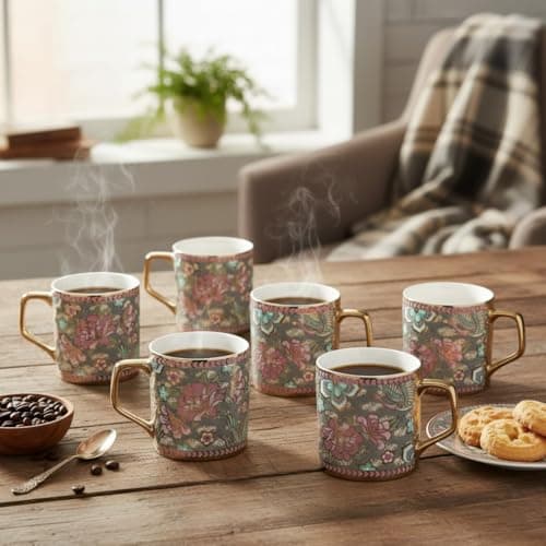 Femora Pink Blue Floral Blossom Grey Moss Ceramic Tea and Coffee Mugs, (180 ml, Golden) - 6 Pcs Set (NOT Microwave Safe)