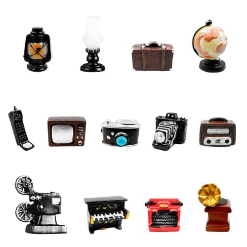 Suartus Miniature Home Appliances Retro Furniture 13Pcs 1inch Mini Simulated Resin Camera Telephone TV Figurines Models Ornaments for DIY Diorama Micro Landscape Craft Accessories Decor