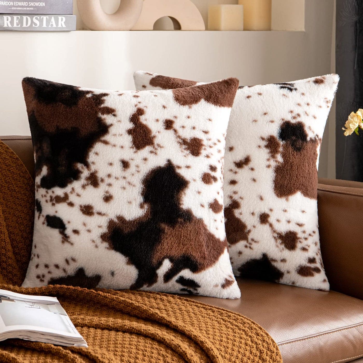 Woaboy Pack of 2 Luxury Faux Fur Throw Pillow Covers Cowhide Decorative Soft Fluffy Plush Couch Throws Brindle Cushion Covers for Couch Living Room Sofa Bedroom 16x16 Inch