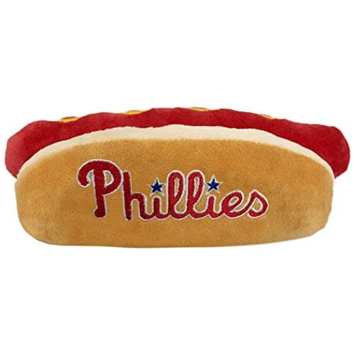 MLB Philadelphia Phillies Plush Dog Toys Stadium Theme Snacks Cutest Plush HOTDog Toy for Dogs Cats with Inner Squeaker Premium Embroidery of Baseball Team NameLogo