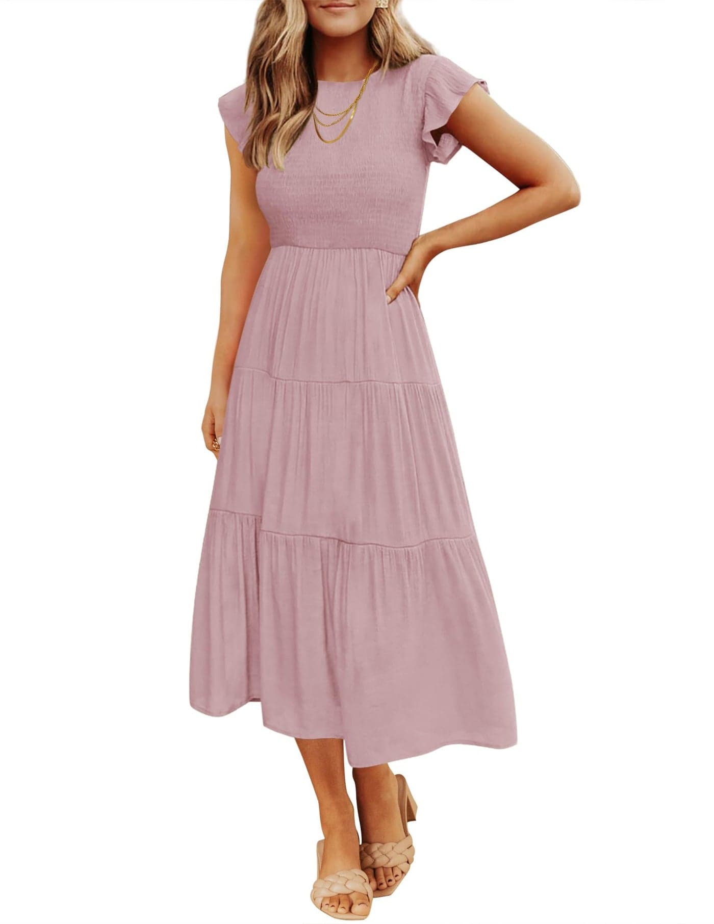 ZESICA Womens 2025 Summer Casual Flutter Short Sleeve Crew Neck Smocked Elastic Waist Tiered Midi DressDark PinkLarge
