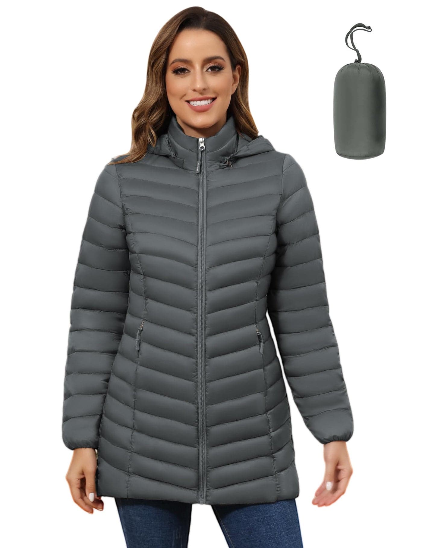 ROYAL MATRIX Women's Packable Puffer Coat - Lightweight Puffer Jacket Winter Warm Long Puffer Coat with Detachable Hood (Deep Grey, XXL)