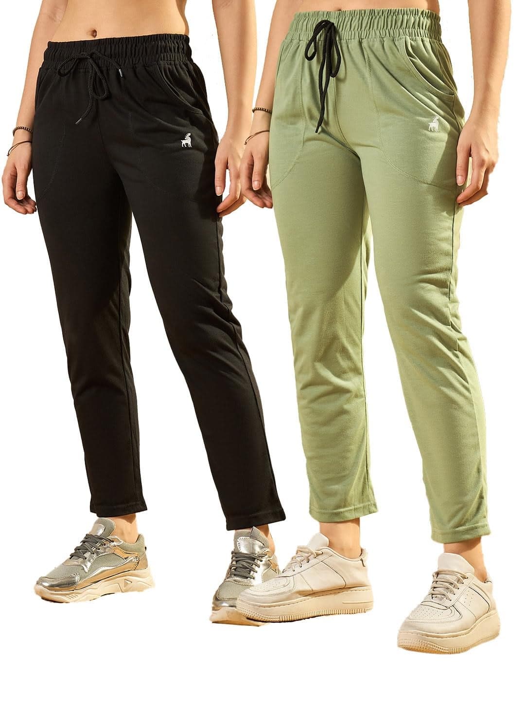 Modeve Women Pista and Black Solid Cotton Blend Pack of 2 Track Pants (Large)