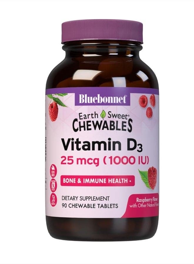 BlueBonnet Nutrition Earth Sweet Vitamin D3 1000 IU Chewable Tablets, Raspberry, 90 Count