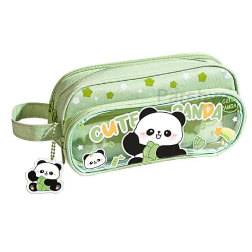 Parshya Canvas Large Capacity Transparent Cartoon Print Pencil Case 3 Layer Cute Aesthetic Pencil Case for Girls Multifunctional Stationery Organizer for School Office (Keychain Not Included)