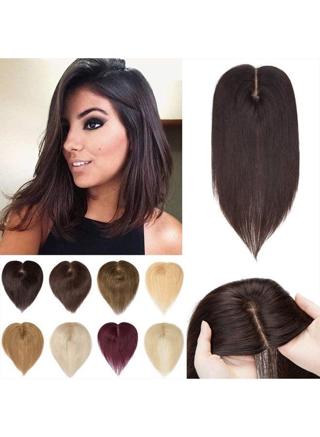 Human Hair Toppers 130% Density Hand Made Silk Base Clip in Topper Top Hair Pieces For Women with Thinning Hair/Hair Loss Cover Gray Hair 12Inch 40g #2 Dark Brown