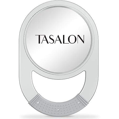 TASALON Unbreakable Hand Mirror, Hand Mirrors with Handle, Salon Barber for Hair, Anti-Slip Hand Held with Rubber Grip for Travel, Makeup, Shaving, Shower, Camping - Silver