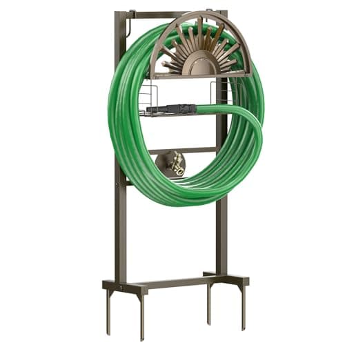 GOFORWILD Garden Hose Holder with Brass Faucet Freestanding Water Hose Stand with Storage Basket Detachable Heavy Duty Hose Reel Hanger Holds 150Feet Hose for Outside Patio Yard Lawn