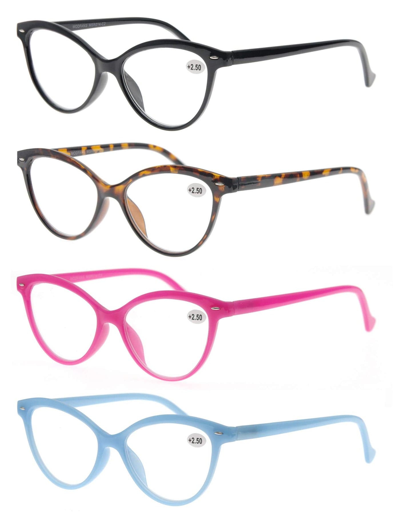 MODFANS Women Reading Glasses 40 4 Pack Fashion Colors Cat Eye Readers for Ladies Compact Spring Hinge Lightweight Frame Includes Pocket