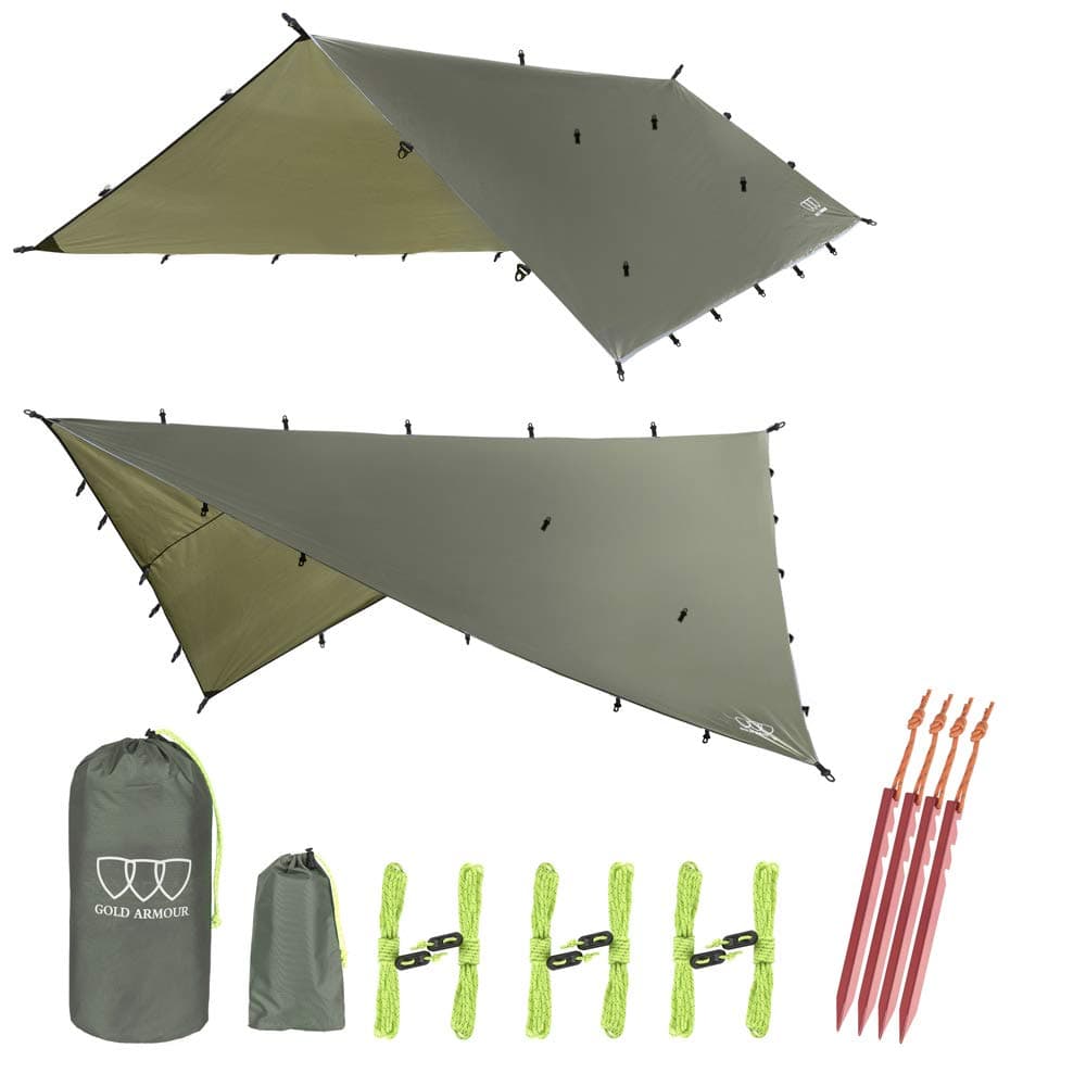 Gold Armour Rainfly Tarp Hammock Premium 147ft12ft10ft8ft Rain Fly Cover Waterproof Ultralight Camping Shelter Canopy Survival Equipment Gear Camping Tent Accessories OD Green 10ft x 10ft