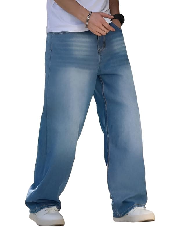 Waltz Men's High Waist Stretchable Light Blue Oversized Baggy Loose Relax Fit Wide Leg Boy Friend Casual Denim Jeans Pant for Men Size 32