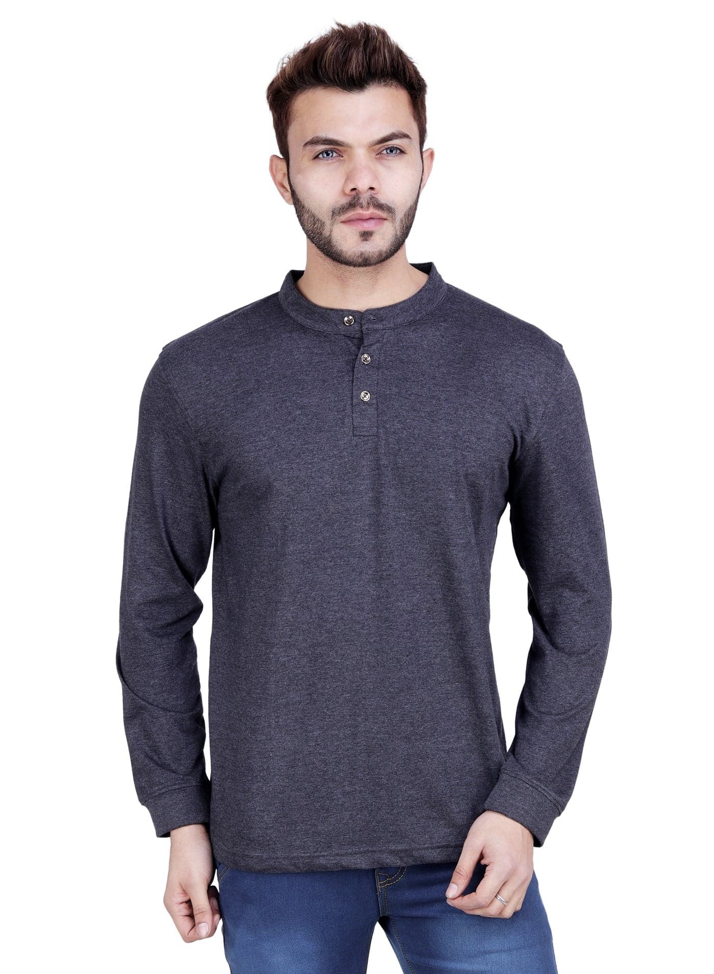 Men's Regular Fit Henley T-Shirt -Dark Grey